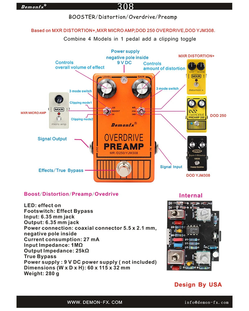 Demonfx High quality Guitar Effect Pedal Wah Distortion Overdrive Delay Reverb Compressor Booster Pedal