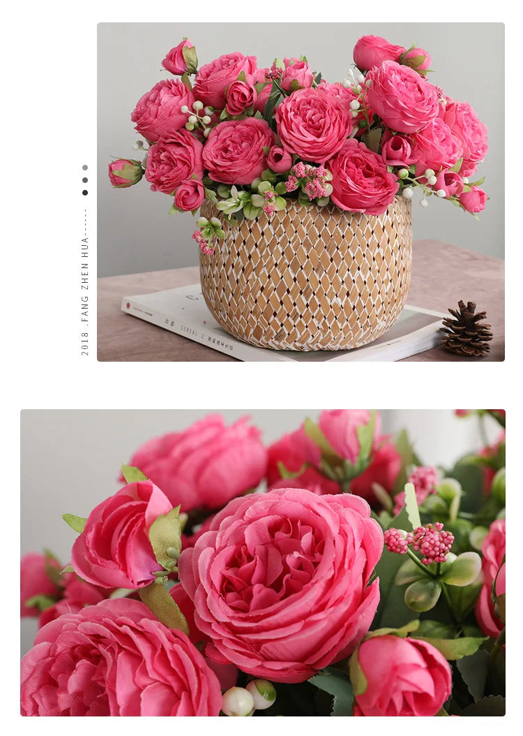 Hot Selling 1pcs/30cm Rose Pink Silk Bouquet Peony Artificial Flower 5 Big Head 4 Small Bud Bride Wedding Home Decoration Artifi