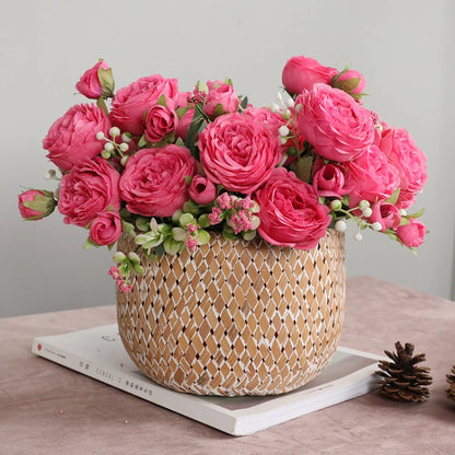 Hot Selling 1pcs/30cm Rose Pink Silk Bouquet Peony Artificial Flower 5 Big Head 4 Small Bud Bride Wedding Home Decoration Artifi