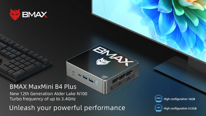 BMAX B4 Plus Mini PC Windows 11 PC Intel N100 16GB DDR4 512GB SSD 2*HDMI 1*Type-C Supports 4K@60Hz 750MHz Intel UHD Graphics