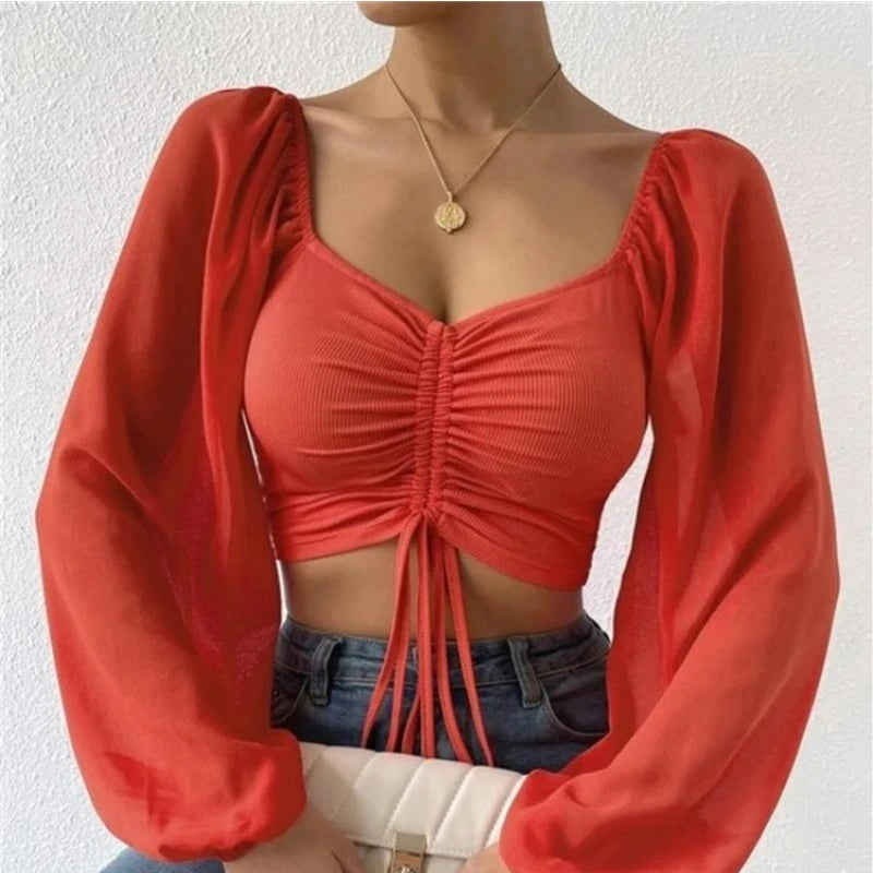 ALLUKASA Sexy Mesh Lantern Sleeves Drawstring Wrap Chest Bare Midriff T Shirt Women Long Sleeves Bottoming