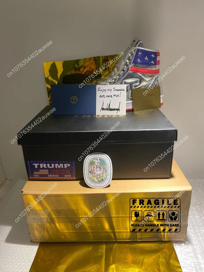 Trump NEVER SURRENDER Gold Shoes Top Quality Big Size 47 48 Mens 2024 MAGA Golden Casual Streetwear Running Silvery Sneakers