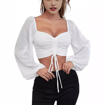 ALLUKASA Sexy Mesh Lantern Sleeves Drawstring Wrap Chest Bare Midriff T Shirt Women Long Sleeves Bottoming