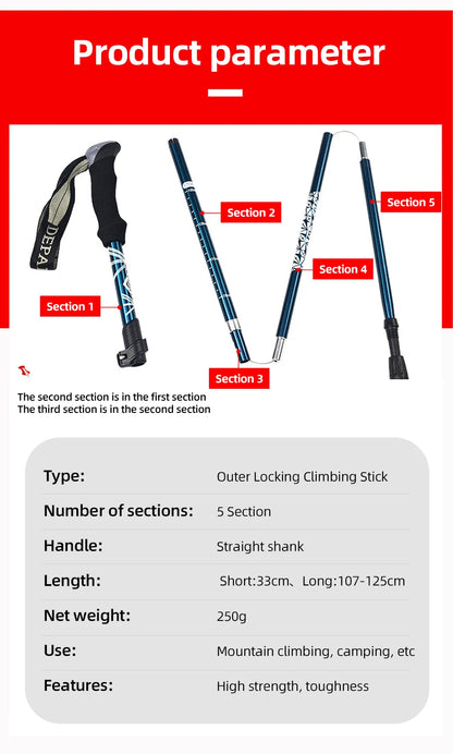 5 Section Outdoor Fold Trekking Pole Camping Portable Walking Hiking Stick For Nordic Elderly Telescopic Easy Put Into Bag 1 PCS