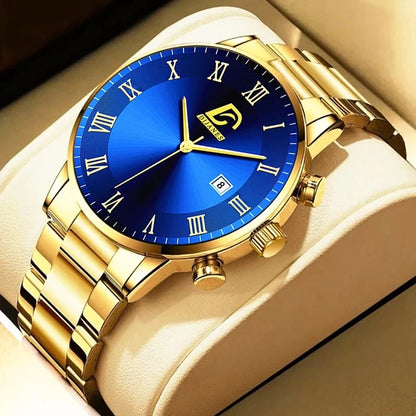 Fashion Mens Gold Stainless Steel Watches Luxury Minimalist Quartz Wrist Watch Men Business Casual Calendar Watch Reloj Hombre