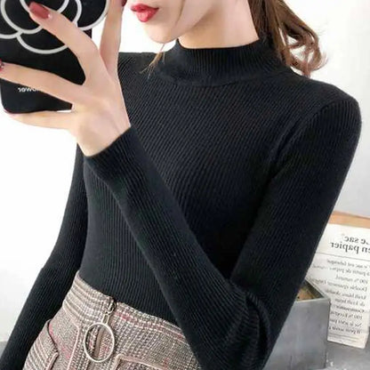 Autumn Winter Mock Neck Women Sweater Vintage Basic Solid Knitted Tops Casual Slim Pullover Korean Sweaters Simple Chic Jumpers