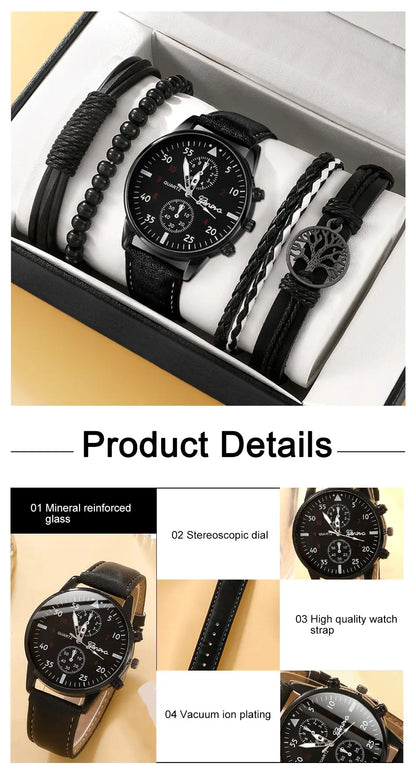 New Men Watch Luxury Bracelet Set Fashion Business Brown Leather Quartz Wrist Watches for Men Gift Set Relogio Masculino