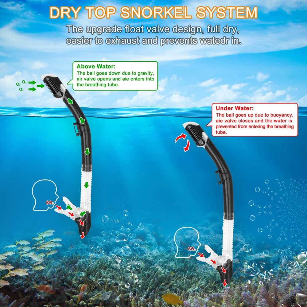 Dry Snorkel Set Diving Mask For Adults Tempered Glass Professional Panoramic Snorkeling Gear Swimming Training Snorkel Kit