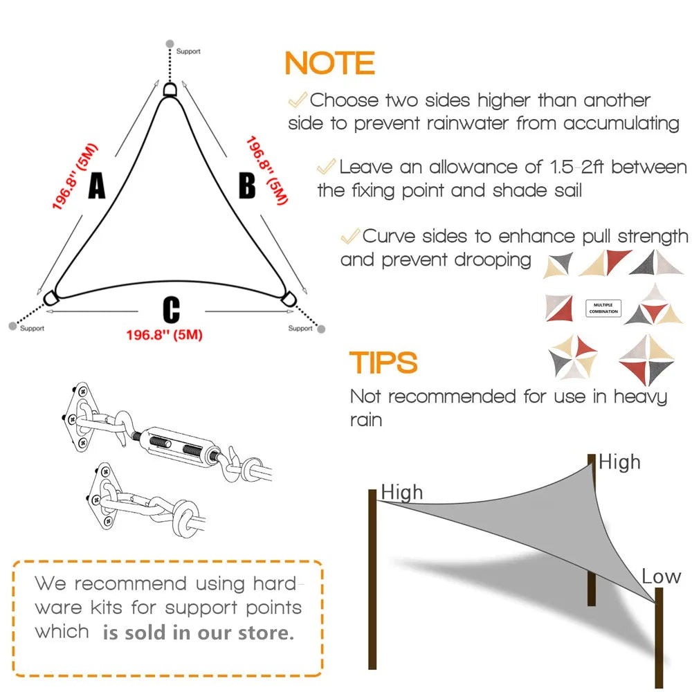 5x5x5/2x2x2M Waterproof Sun Shelter Triangle Sunshade Protection Outdoor Canopy Garden Patio Pool Shade Sail Awning Shade Cloth