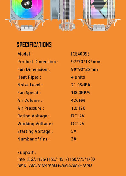 Aigo CPU Cooler 2 4 Heat Pipes PC Radiator Cooling 3PIN PWM Silent Rgb Fan For Intel  1700 1150 1155 1156 1366 AM2/AM3/AM4 AMD