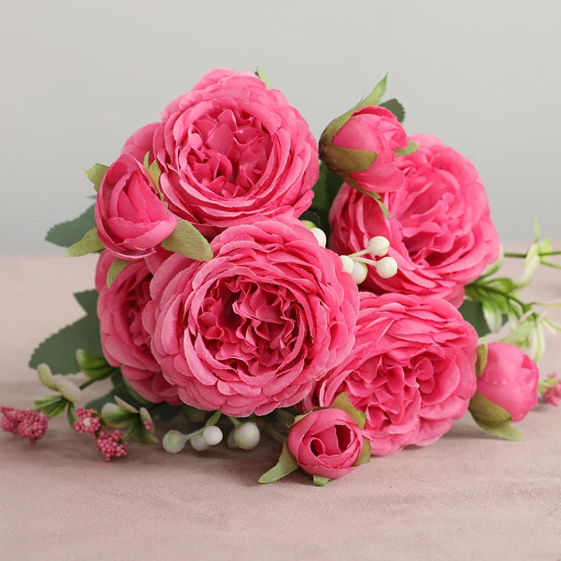 Hot Selling 1pcs/30cm Rose Pink Silk Bouquet Peony Artificial Flower 5 Big Head 4 Small Bud Bride Wedding Home Decoration Artifi