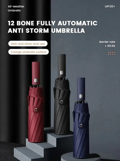 12 Bone Black Glue Fully Automatic Umbrella With Thick And Durable Keel Three Fold Umbrella UV Resistant Folding Umbrella