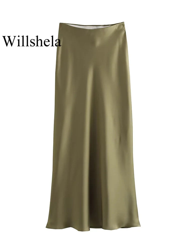 Willshela Women Fashion Satin Solid Pleated Midi Skirt Vintage Mid Elastic Waist Female Chic Lady Skirts