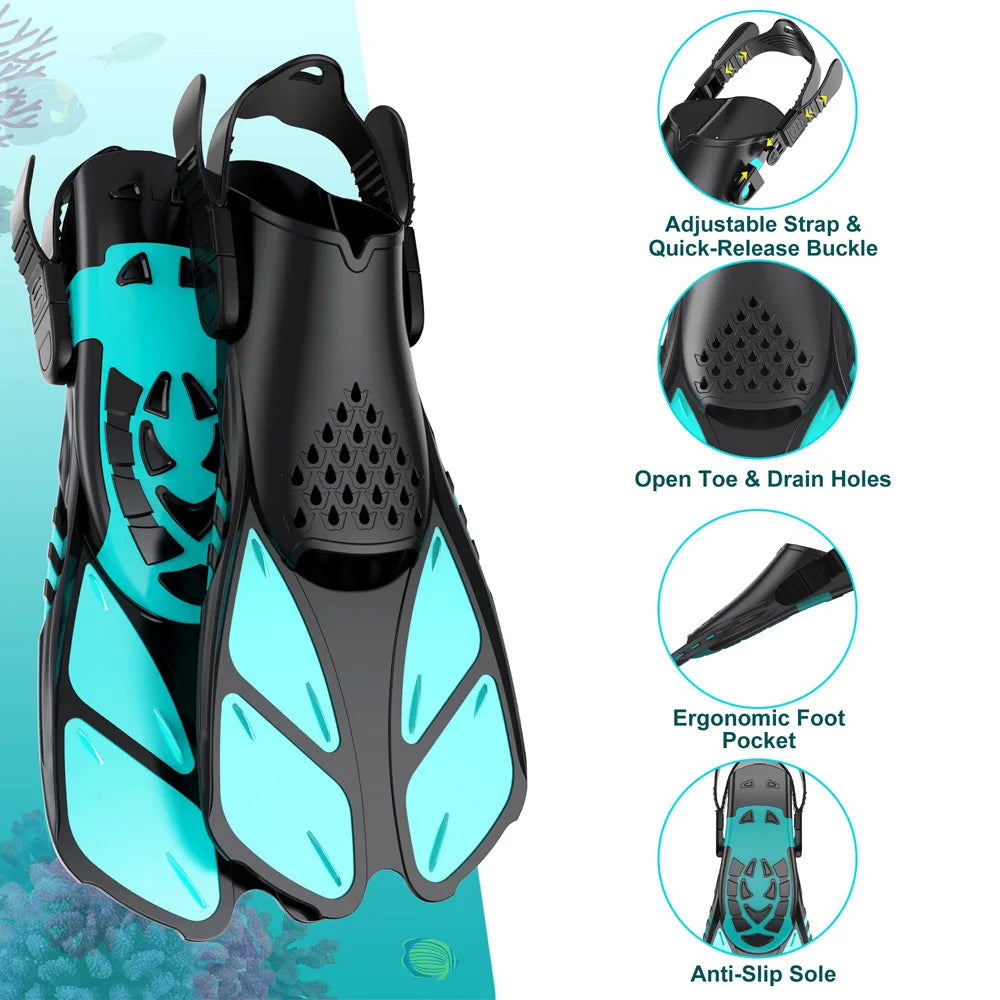 Snorkel Fins Adjustable Buckles Swimming Flippers Short Silicone Scuba Diving Shoes Open Heel Travel Size Adult Men Womens