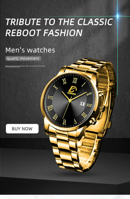 Fashion Mens Gold Stainless Steel Watches Luxury Minimalist Quartz Wrist Watch Men Business Casual Calendar Watch Reloj Hombre